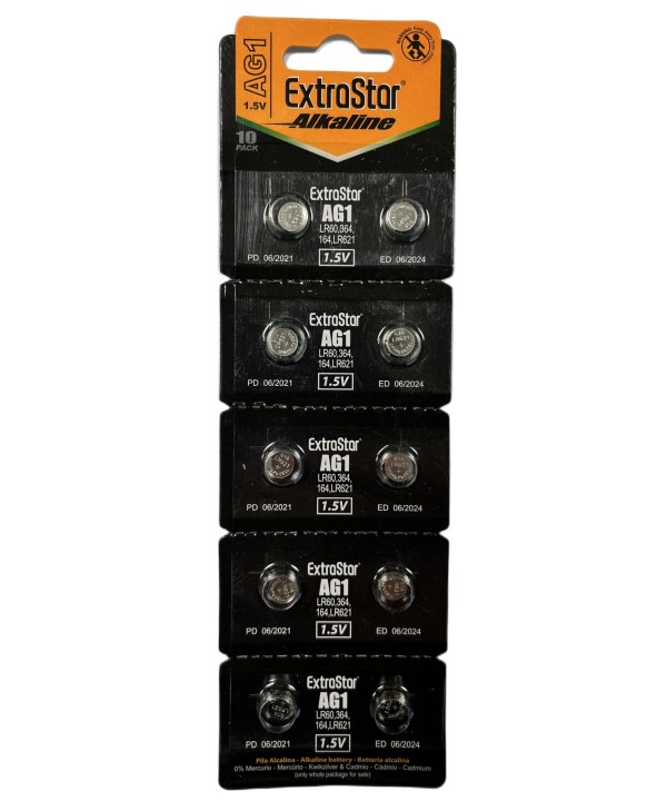 Pila Batteria A Bottone LR621 LR60 164 1,5V Extrastar AG1 Confezione Da 10 Pile