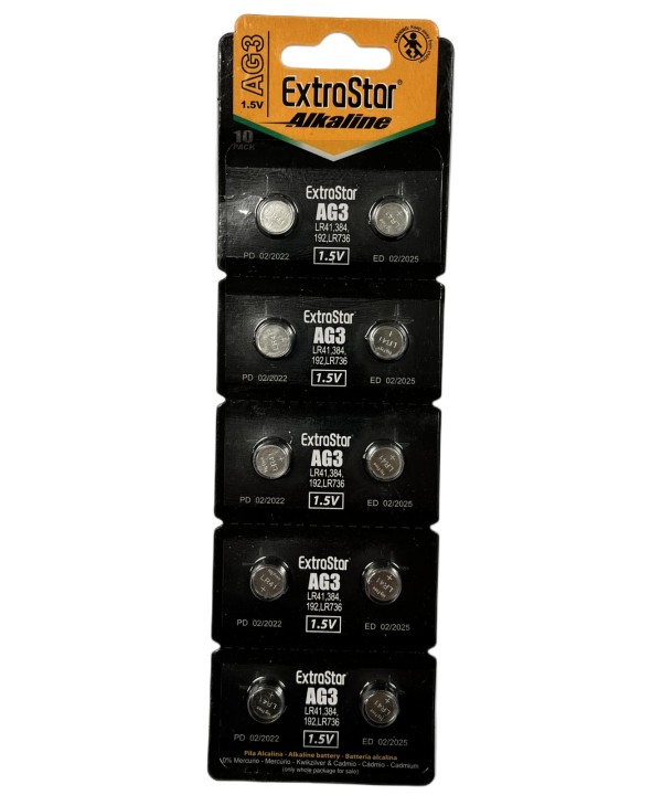 Pila Batteria A Bottone LR736 LR41 192 1,5V Extrastar AG3 Confezione Da 10 Pile