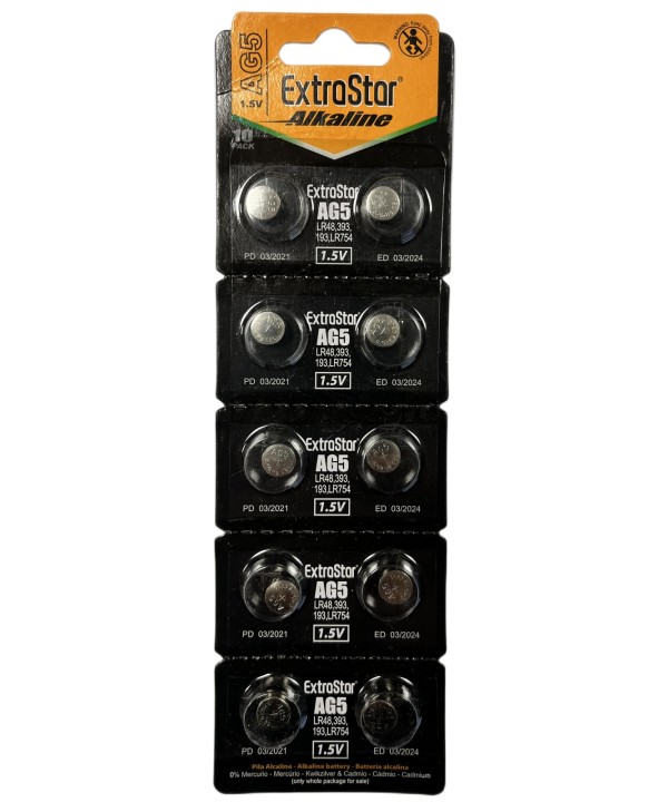 Pila Batteria A Bottone LR754 LR48 193 1,5V Extrastar AG5 Confezione Da 10 Pile