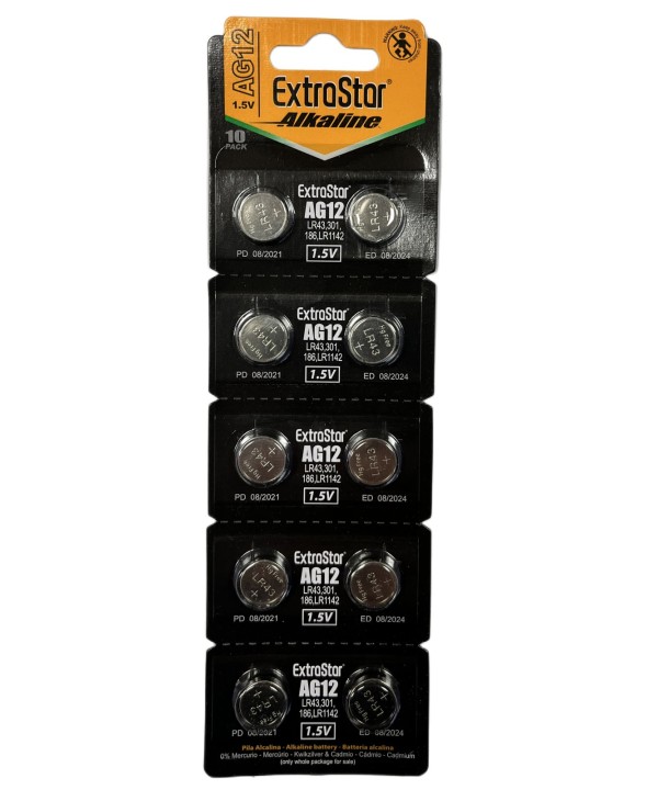 Pila Batteria A Bottone LR1142 LR43 186 1,5V Extrastar AG12 Confezione Da 10 Pile