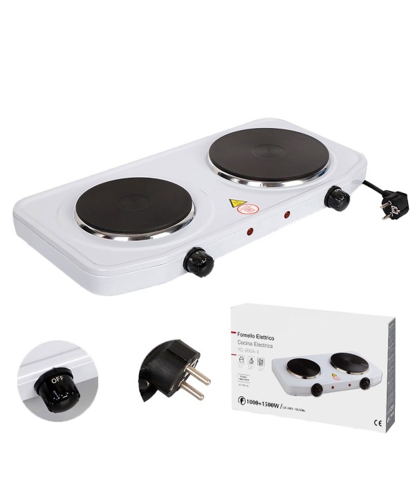 Fornello Elettrico con 2 Piastre 1000W 1500W Doppia Piastre da 18 e 15cm con Termostato Indipendeti Regolabile