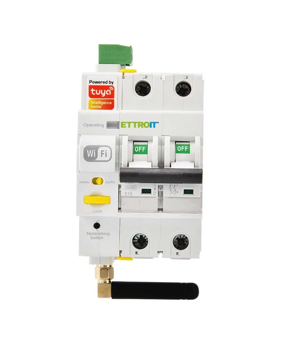 Interruttore Magnetotermico Smart WIFI 2P 16A App TUYA Occupa 3 Moduli DIN