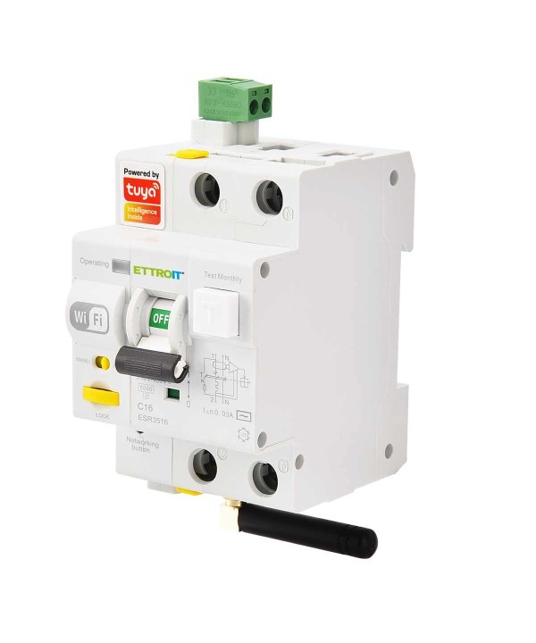 Interruttore Magnetotermico Differenziale Smart WIFI 1P+N 16A 230V/400V App TUYA Occupa 3 Moduli DIN