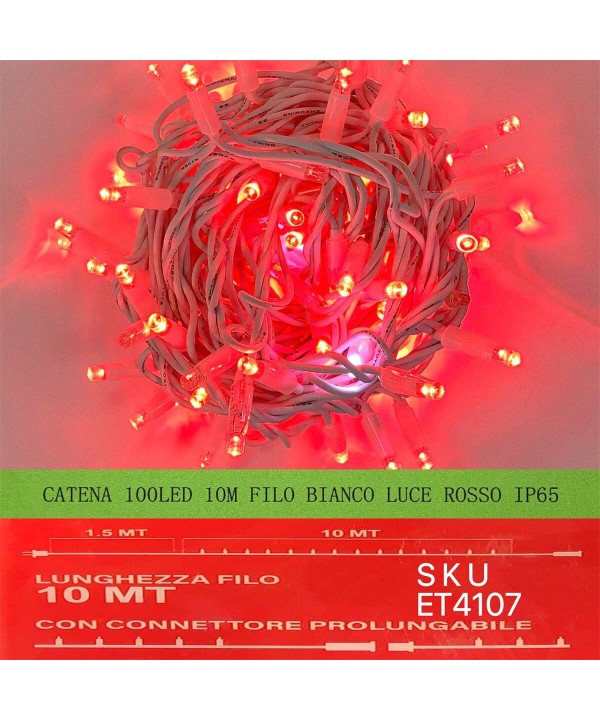 Catena Luminosa di Luci Led IP65 10 Metri Con 100 Led Filo Rosso Luce Rosso Con Connettore Allungabile