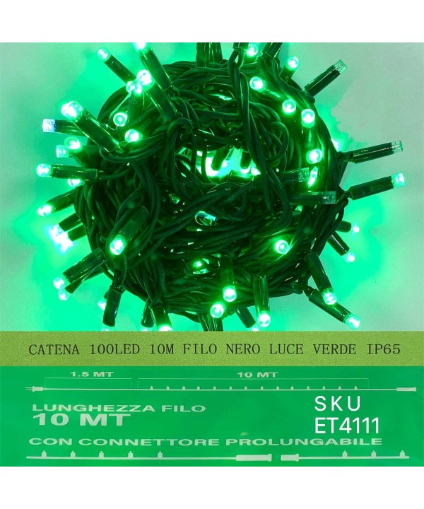 Catena Luminosa di Luci Led IP65 10 Metri Con 100 Led Filo Nero Luce Verde Con Connettore Allungabile