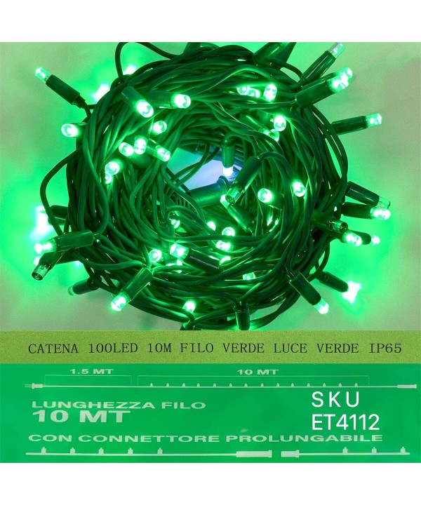 Catena Luminosa di Luci Led IP65 10 Metri Con 100 Led Filo Verde Luce Verde Con Connettore Allungabile