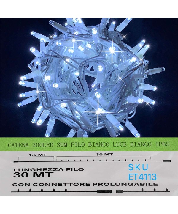 Catena Luminosa di Luci Led IP65 30 Metri Con 300 Led Filo Bianco Luce Bianco Freddo Con Connettore Allungabile