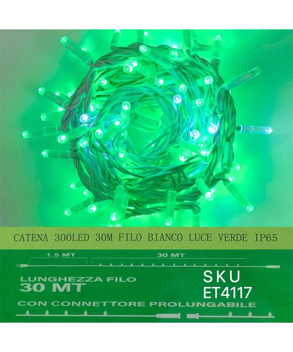 Catena Luminosa di Luci Led IP65 30 Metri Con 300 Led Filo Bianco Luce Verde Con Connettore Allungabile