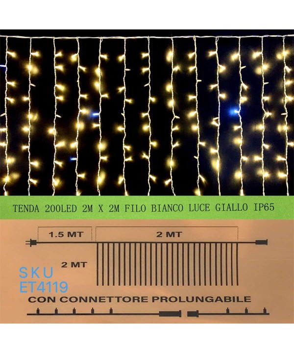 Tenda Luminosa Da Esterno IP65 2M X 2M Con 200 Luci Led Bianco Caldo Giallo Con Connettore Prolungabile