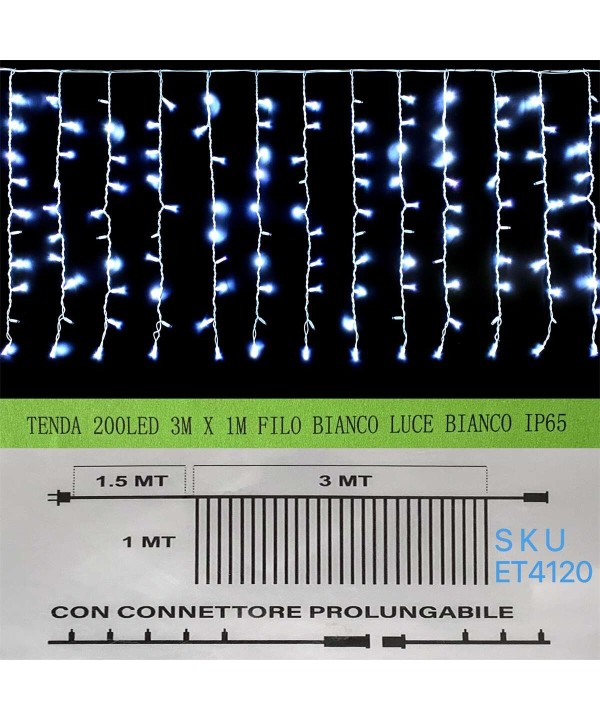 Tenda Luminosa Da Esterno IP65 3M X 1M Con 200 Luci Led Bianco Freddo Con Connettore Prolungabile