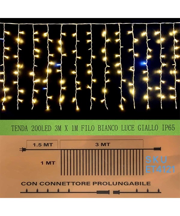 Tenda Luminosa Da Esterno IP65 3M X 1M Con 200 Luci Led Bianco Caldo Giallo Con Connettore Prolungabile