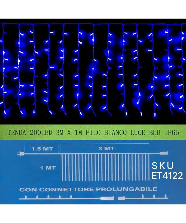 Tenda Luminosa Da Esterno IP65 3M X 1M Con 200 Luci Led Blu Con Connettore Prolungabile