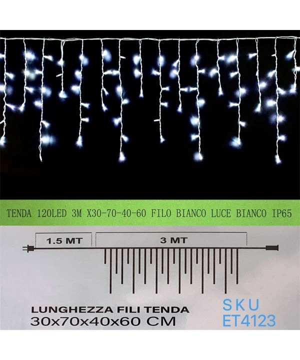 Tenda Luminosa Da Esterno IP65 3MT Con 120 Luci Led Bianco Freddo Effetto Cascata Con Connettore Prolungabile