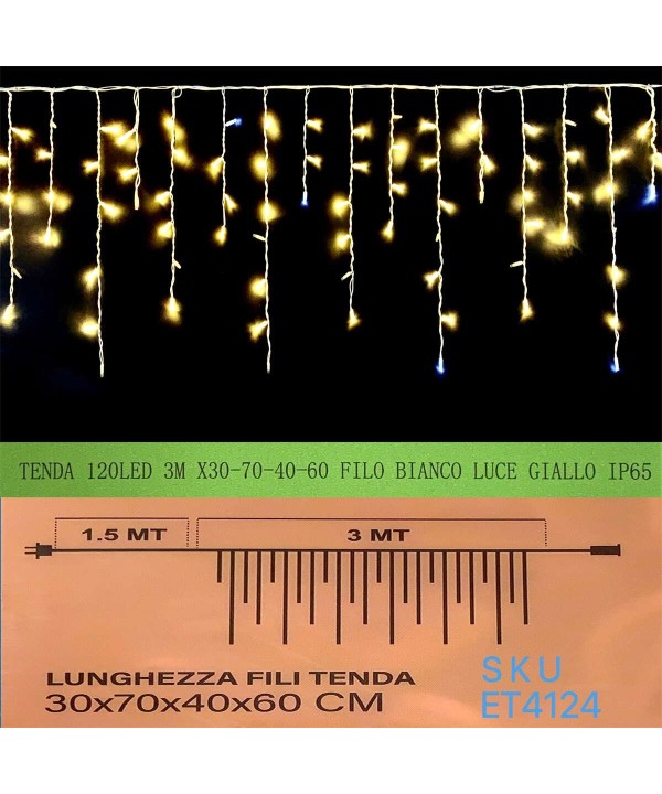 Tenda Luminosa Da Esterno IP65 3MT Con 120 Luci Led Bianco Caldo Giallo Effetto Cascata Con Connettore Prolungabile