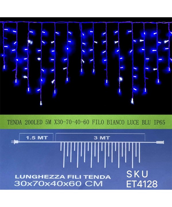Tenda Luminosa Da Esterno IP65 5MT Con 200 Luci Led Blu Effetto Cascata Con Connettore Prolungabile