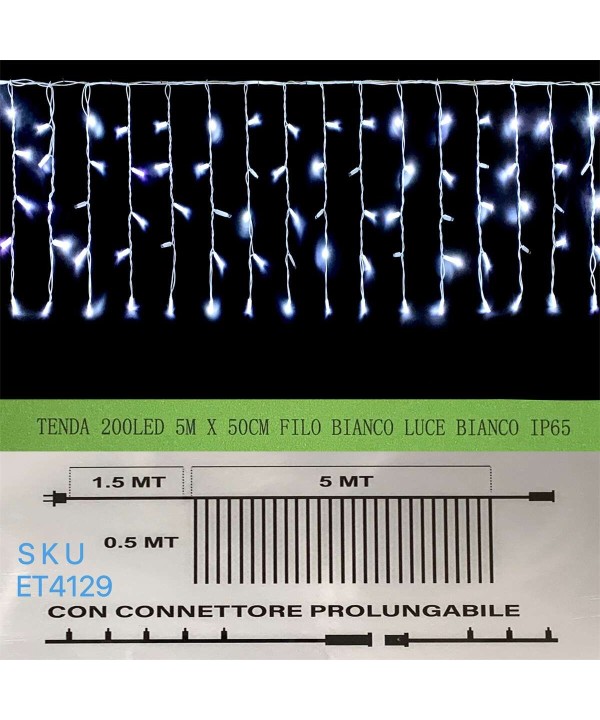 Tenda Luminosa Da Esterno IP65 5M X 0,5M Con 200 Luci Led Bianco Freddo Con Connettore Prolungabile