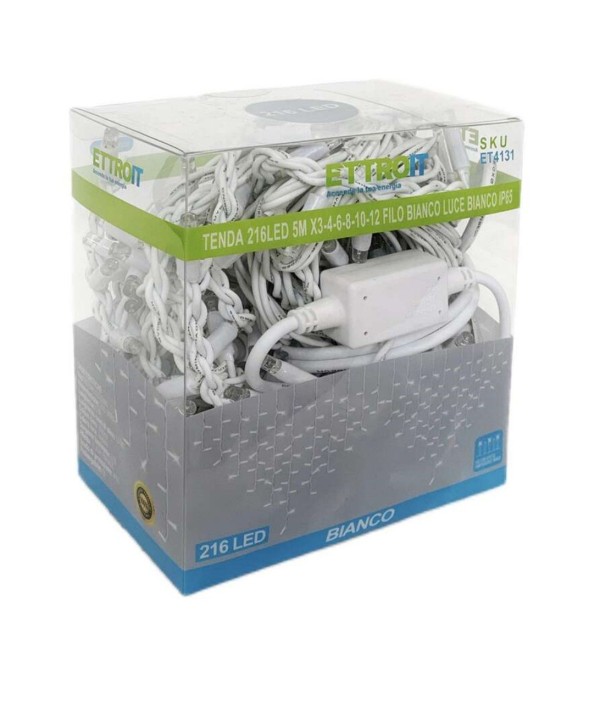 Tenda Luminosa Da Esterno IP65 5MT Con 216 Luci Led Bianco Freddo Effetto Cascata Con Connettore Prolungabile