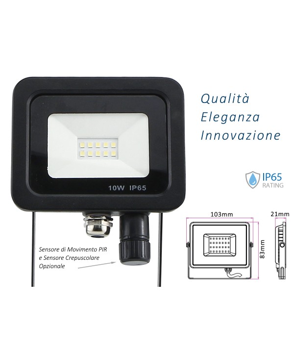 Faro Led Flood Light Slim 10W IP65 Bianco Neutro Carcassa Nera Sensore PIR Opzionale CL1918