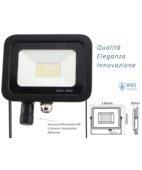 Faro Led Flood Light Slim 20W IP65 Bianco Neutro Carcassa Nera Sensore PIR Opzionale CL1918