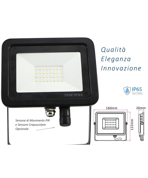 Faro Led Flood Light Slim 30W IP65 Bianco Neutro Carcassa Nera Sensore PIR Opzionale CL1918
