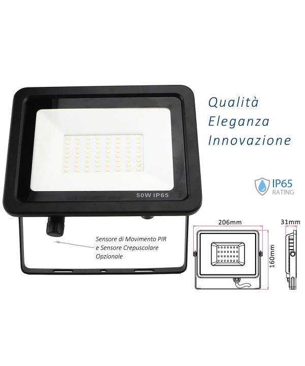 Faro Led Flood Light Slim 50W IP65 Bianco Neutro Carcassa Nera Sensore PIR Opzionale CL1918