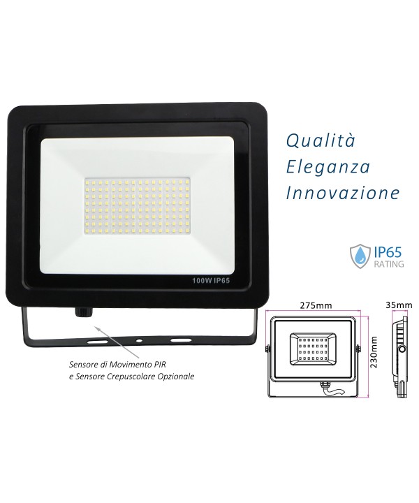 Faro Led Flood Light Slim 100W IP65 Bianco Neutro Carcassa Nera Sensore PIR Opzionale CL1918