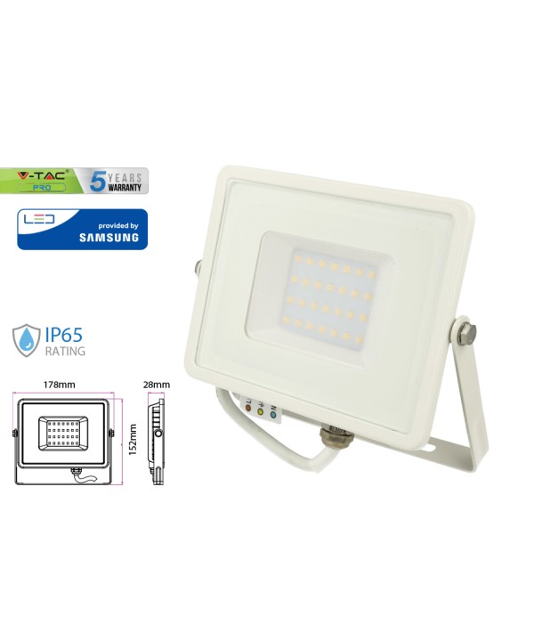 Faro Led Flood Light 30W IP65 Bianco Caldo Super Slim Carcassa Bianca Chip Samsung Garanzia 5 Anni SKU-403
