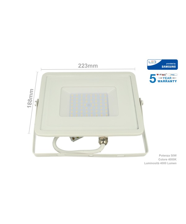 Faro Led Flood Light 50W IP65 Bianco Neutro Super Slim 28mm Carcassa Bianca Samsung Garanzia 5 Anni SKU-21410
