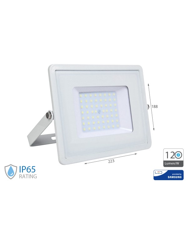Faro Led Flood Slim Alta Luminosita 120lm/W 50W 6000lm Freddo 6400K Carcassa Bianca IP65 Chip Samsung SKU-21763