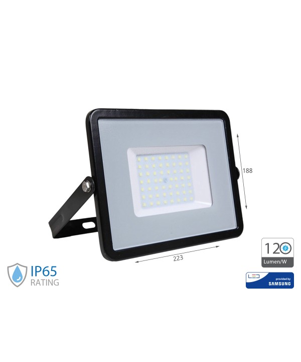 Faro Led Flood Slim Alta Luminosita 120lm/W 50W 6000lm Freddo 6400K Carcassa Nera IP65 Chip Samsung SKU-21761
