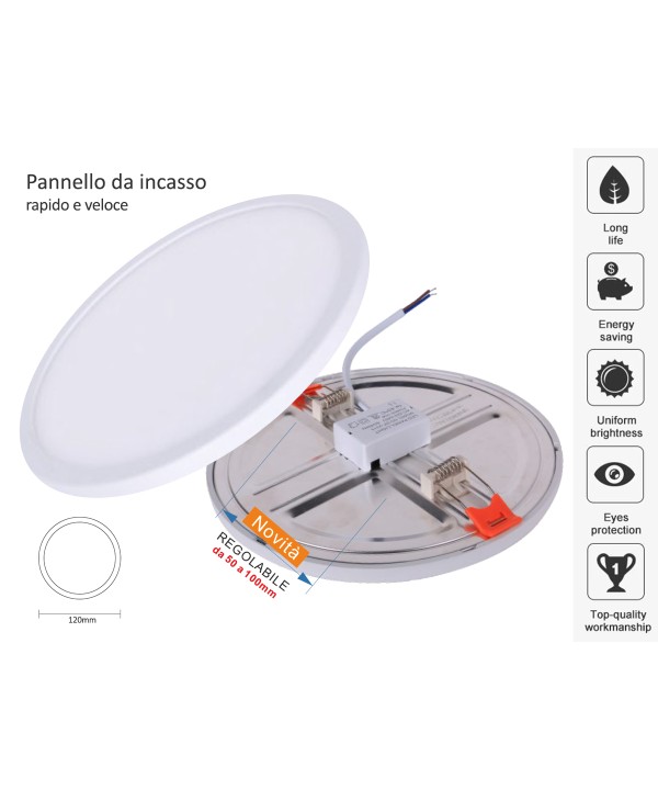 Faretto Pannello Led Da Incasso Rotondo 8W Bianco Neutro Diametro 120mm Foro Adattabile Da 50mm a 100mm