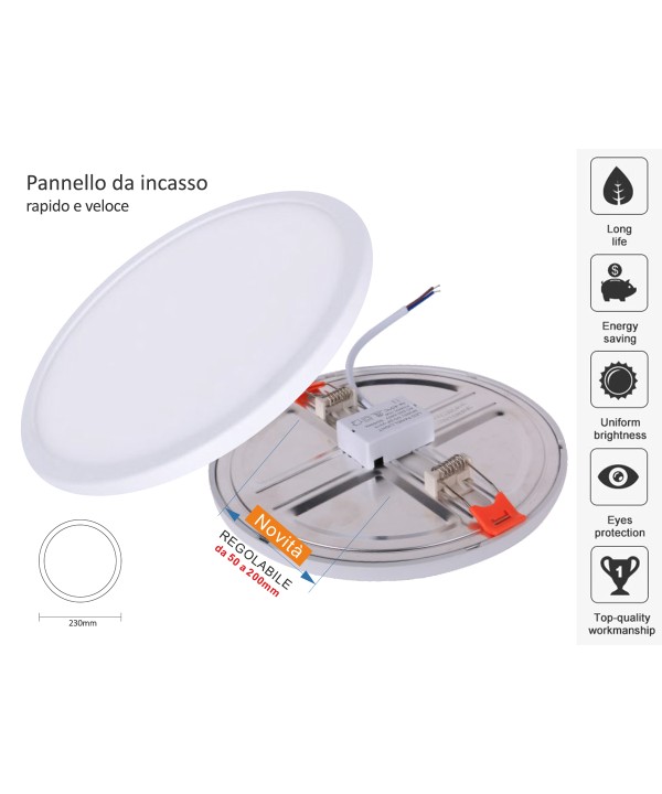 Faretto Pannello Led Da Incasso Rotondo 20W Bianco Neutro Diametro 230mm Foro Adattabile Da 50mm a 200mm