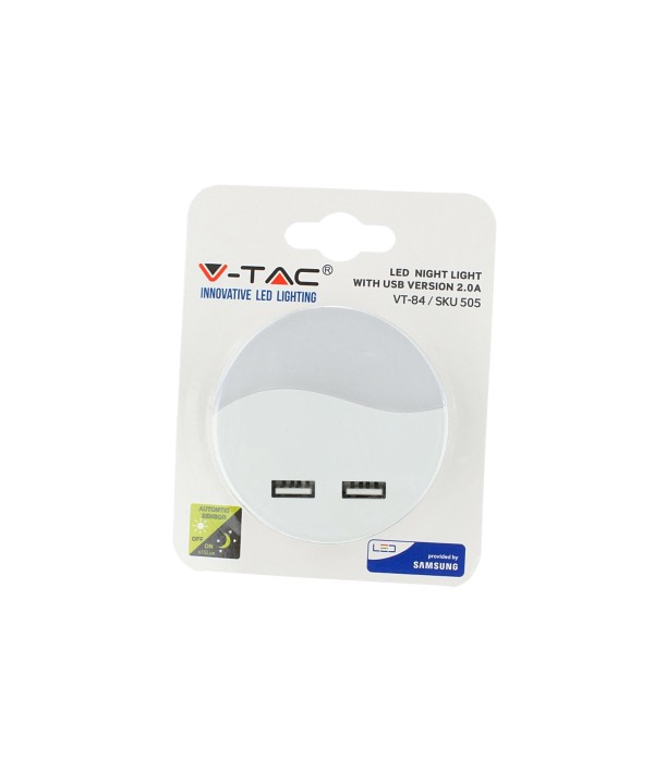 Segnapasso Led Notturno Rotondo 3000K Caricabatteria 2 Porte USB Caricatore 2A Sensore Crepuscolare SKU-505