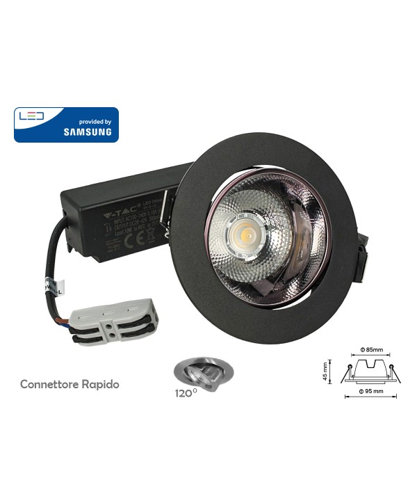 Faretto Led COB da Incasso 10W 4000K Rotondo Riflettore Orientabile Carcassa Nera Chip Samsung SKU-2120052