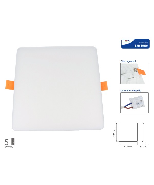 Faretto Pannello Led Da Incasso Quadrato Senza Bordo 24W Bianco Caldo Foro Adattabile Da 75mm a 200mm SKU-742