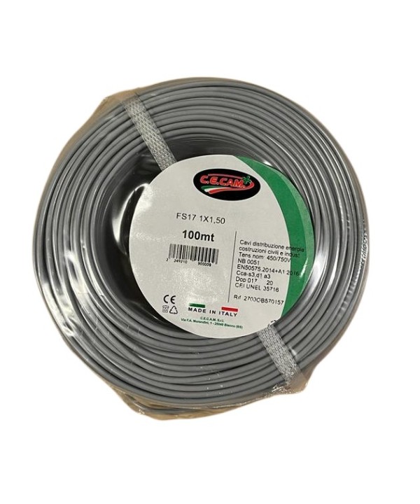 100mt Cavo Elettrico FS17 450/750V Unipolare 1X1.5mm Colore Grigio Made In Italy