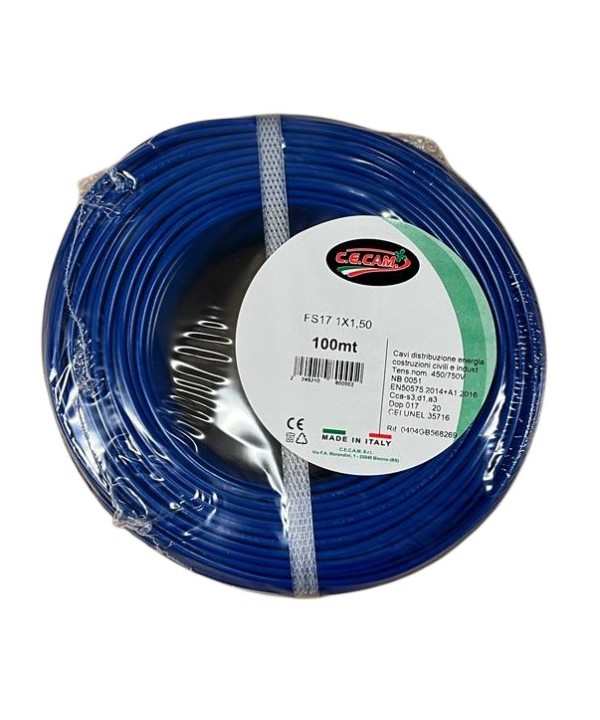 100mt Cavo Elettrico FS17 450/750V Unipolare 1X1.5mm Colore Blu Made In Italy