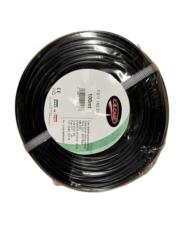 100mt Cavo Elettrico FS17 450/750V Unipolare 1X2.5mm Colore Nero Made In Italy