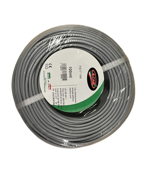 100mt Cavo Elettrico FS17 450/750V Unipolare 1X4mm Colore Grigio Made In Italy