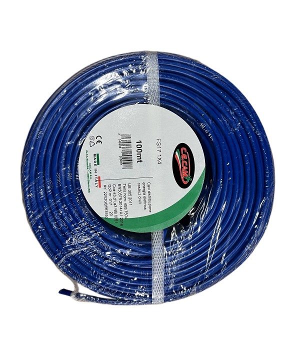 100mt Cavo Elettrico FS17 450/750V Unipolare 1X4mm Colore Blu Made In Italy