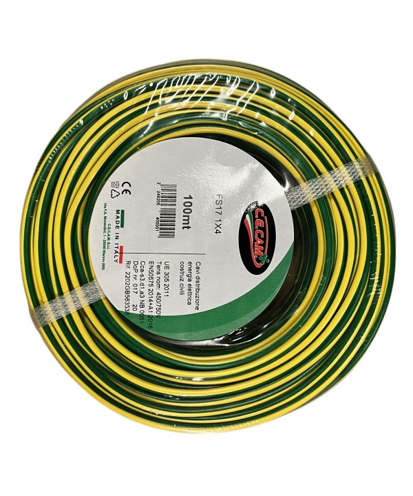 100mt Cavo Elettrico FS17 450/750V Unipolare 1X4mm Colore Giallo Verde Made In Italy