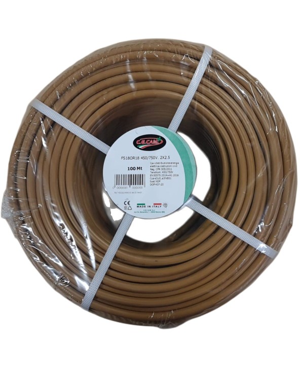 100mt Cavo Elettrico FS18OR18 450/750V Multipolari 2X2.5mm D8 Made In Italy