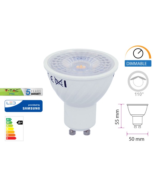 Lampada Led GU10 Dimmerabile 6,5W 110 Gradi 220V Bianco Caldo 3000K Chip Samsung Garanzia 5 Anni SKU-21198