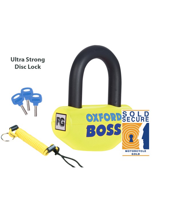 Lucchetto Oxford Boss Da Disco Giallo Serratura Rinforzata a Doppio Blocco Gancio Diametro 12,7mm Antifurto Bloccadisco