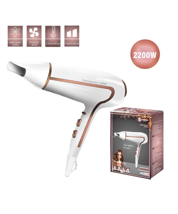 Asciugacapelli Professionale 2200W con 2 Velocita 3 Temperatura e Aria Fredda con Gancio per Appendere Bianco Rosa