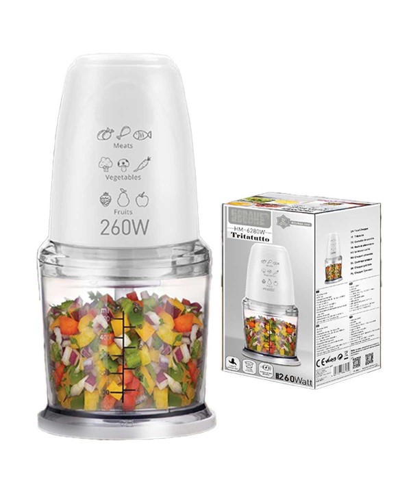 Tritatutto da Cucina Elettrico con Modalita Rapido 260W con Lama in Acciaio Inox Vassoio Capicita Max 500mL Bianco