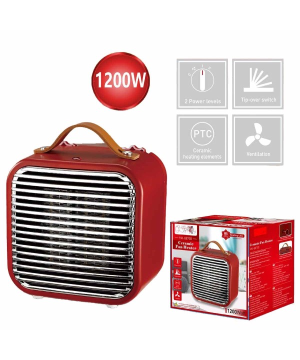 Mini Termoventilatore in Ceramica con Potenza Regolabile 600W 1200W con Autoprotezione Surriscaldamento Quadrato Rosso