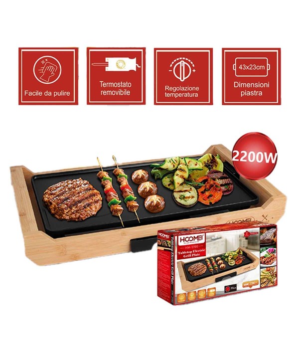 Piastra Grill Elettrica 2200W Rivestimento Antiaderente con Termostato Regolabile e Raccoglitore di Grasso Rimovibile 43x23cm Finitura Bambu