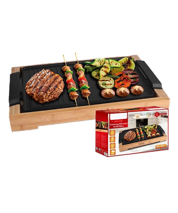 Piastra Grill Elettrica 2000W Rivestimento Antiaderente con Termostato Regolabile e Raccoglitore di Grasso Rimovibile 37.5x23cm Finitura Bambu