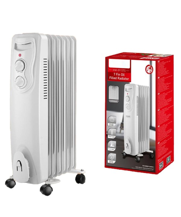 Radiatore ad Olio con 3 Livelli di Riscaldamento 600W 900W 1500W con 7 Elementi con Ruote Spostamento con Autoprotezione Bianco